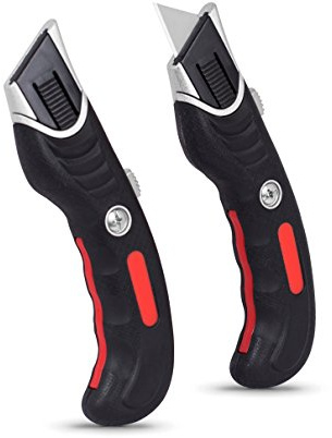 INTERNET'S BEST Ergonomic Utility Knife Set | Retractable Box Cutter with Rubber Handle | For Cutting Cardboard, Carpet & Plastic | Blade Storage in Handle | Includes 2 Razor Knives & 3 Extra Blades
