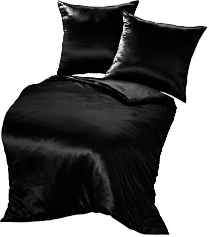 THXSILK Seidenbettwäsche Set 3 teilig, Bettbezug 240 x 220 cm und 2 Kissenbezüge 80 x 80 cm, Hypoallergen 19 Momme Maulbeerseide Bettwäsche, Ultra Weich und Glatt, Schwarz
