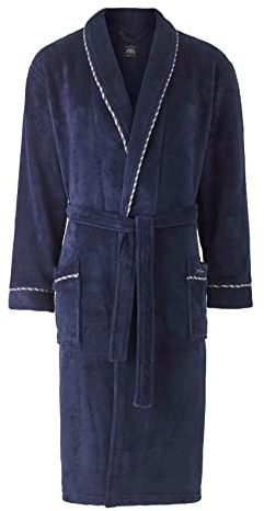 THE SAVILE ROW COMPANY LONDON Men's Lightweight Super Soft Warm Fleece Bath Robe Dressing Gown - Navy Rope Edge Plain - Large
