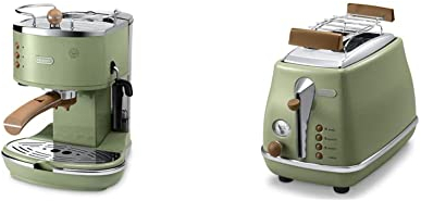 De'Longhi Icona Vintage ECOV 311.GR & CTOV 2103.GR im Set – Espresso Siebträgermaschine und 2-Schlitz-Toaster im Retro-Look, Espressomaschine mit Milchaufschäumer, Toaster mit Brötchenaufsatz, grün