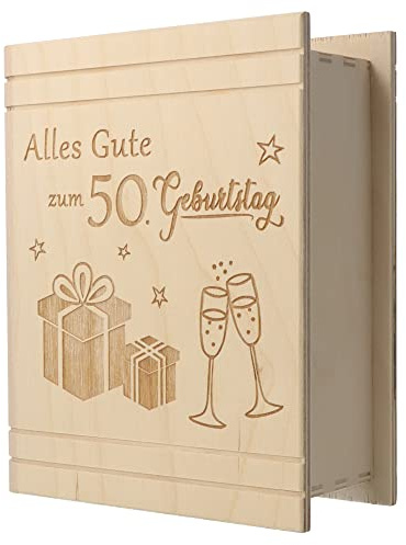Spruchreif · Spardose Buch aus Holz mit Gravur · Sparbüchse als Geldgeschenk zum Geburtstag und Jubiläum (50. Geburtstag)