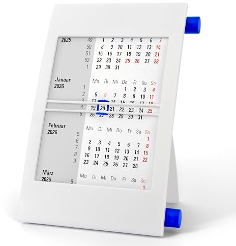 3-Monatskalender Tisch 2026 2027 - Büro & Homeoffice Tischkalender mit Drehmechanik - 2-Jahres-Kalender - weiß/blau - Truento