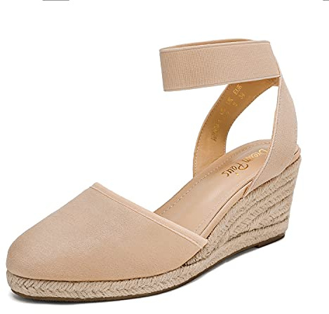 DREAM PAIRS Sandali Zeppa da Donna con Cinturino Elastico alla Caviglia Espadrillas,Size 38.5,Nudo,Amanda-1