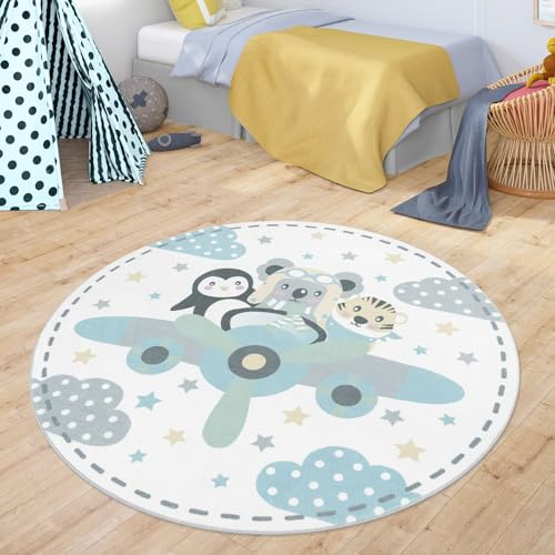 TT Home Runder Teppich Kinderzimmer Kinderteppich Waschbar Tiere Tiger Koala Bär Pinguin, Farbe:Beige, Größe:120 cm Rund