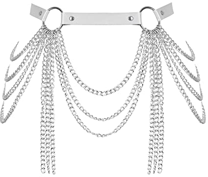 BANSSGOTH Frauen Körperketten Leder Taillenkette Gürtel Harness Layered Aushöhlen Oberschenkel Strumpfgürtel Festival Rave Kleidung (Weiß)