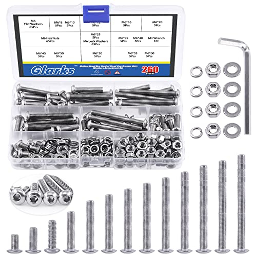Glarks 260Pcs 13 Size M6 304 Stainless Steel Button Head Screws Hex Socket Cap Screws Bolts and Nuts Washers Assortment Kit with Hex Wrench for Machinery Furniture Car Repair