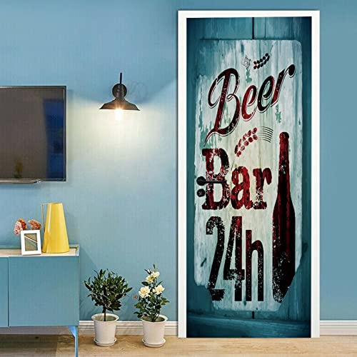 A.Monamour Türtapete Selbstklebend Türfolie Türposter 3D Vintage Retro Grunge Stil Bierbar Poster Auf Hölzernen Hintergrund Vinyl Folie Türdeko Tapete Wandbild Türaufkleber Türtattoo 90 x 200 cm