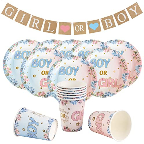 SUNBEAUTY Gender Reveal Décoration de fête jetable Bleu rose garçon ou fille Décoration de douche pour bébé Set Assiette Tasse