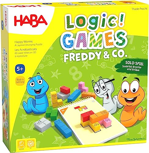 HABA Logic! Games – Freddy & Co. – Knobelspiel für Kinder ab 5 Jahren mit 60 Aufgaben – Rätselspaß aus Holz für kreatives Denken, Solo-Spiel – 1306815001