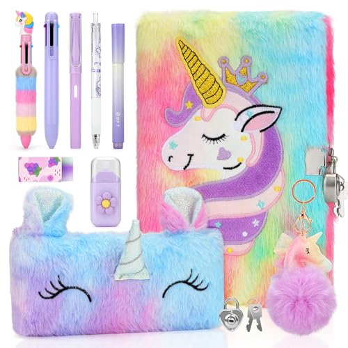Anyfirst Einhorn Plüsch Tagebuch mit Schloss Mädchen, Plüsch Tagebuch Set mit Stift, Federmäppchen & Notizbuch Kinder, Einhorn Geschenke für 6 7 8 9 10 11 12 Jahre