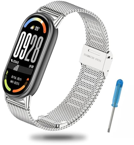 Xisair Armband kompatibelt med Xiaomi Band 10/9/8 rostfritt stål ersättningsband i metall för Miband 8/9/10 armband snabblås, vattentätt, ventilerande, män, kvinnor