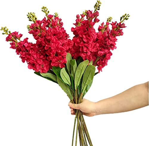 forestmistry 10pcs Artificial Larkspur Flower Branch Faux Delphinium Ajacis Branch with Green Lead for Wedding Centerpieces Floral Decoration (red)