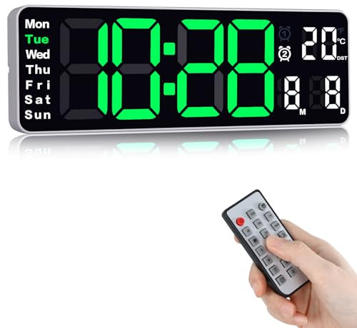 Fuloon 13 inch Large Digital Wall Clock, Alarm Clock with Remote Control, Countdown Gym Timer, Date, Week, Temperature, Adjustable Brightness (Plug In Electricity)
