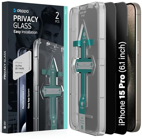Deppa |2 Stück| Sichtschutz für iPhone 15 Pro (6.1') Schutzfolie mit Schablone | 9H Stoßfest | Vollständige Abdeckung | Blasenfreie, einfache Installation| Privacy