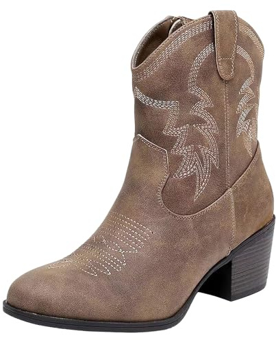 ANUFER Dam mitt på vaden cowboystövlar broderade blockklack sida dragkedja västerländska skor, Brun, 37 EU