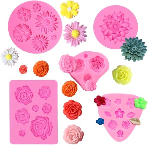 SHSHbuy 5 Piezas Moldes de Flores Silicona para Fondant,Moldes de Silicona Reposteria Flores,Molde de Pastel de Silicona para Pastel,Chocolate,Gelatina,Molde Hornear