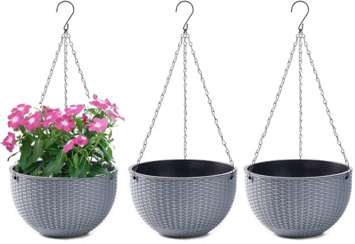 WOWEI Blumenampel Hangend 3er Set Hängeampel mit Wasserspeicher & Ablaufloch Selbstbewässerung Blumenampel Outdoor Indoor Hängeampel Pflanzen mit Ketten Blumentopf Hängepflanztöpfe (Grau, L:3 Set)