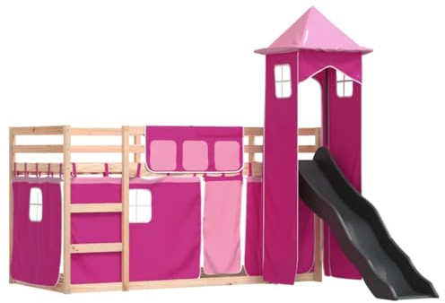 vidaXL Litera con tobogán y Cortinas Rosa 90x200 cm