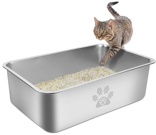 PTLOM Lebensmittelgrade Katzenklo Edelstahl Katzentoilette - Katzenklo Offen Groß Mit Niedrigem Einstieg für ältere Katzen, Abgerundete Kanten, Rostfrei & Antihaftbeschichtet,60x40x15cm
