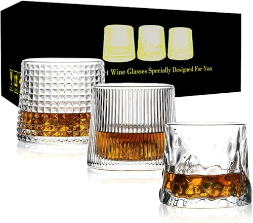 XSYCYM Set di 3 bicchieri da whisky in cristallo con fondo girevole, bicchieri da scotch di alta qualità da 141,7 g, vecchio stile, con fondo spesso ponderato, per bere bourbon, cocktail, cognac, rum