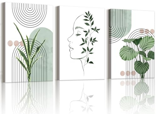 WENGTIAO Set of 3 Boho Sage Green Plants Canvas Wall Art Prints Framed Pictures Aesthetic Geometric Line Painting on Canvas Living Room Bedroom Home Wall Decor Ready to Hang 40x60cmx3