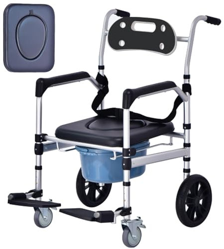 ENWYTE Faltbarer Toilettenstuhl für Senioren, Höhenverstellbar, Klappbar, Duschstuhl mit Armlehnen und Bremsen, Aluminiumlegierung, Anti-Rutsch WC-Stuhl Tragfähigkeit bis 150kg(A)
