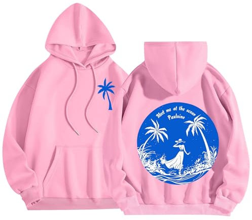 Pink Palm Puff Hoodie Women Graphic Hoodies Oversized Sweatshirt for Women Teen Girls Letter Print Preppy Clothes Fleece Sweaters Drawstring Long Sleeve Winter Fall Outfits Y2k Clothes