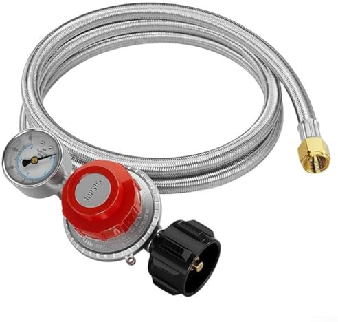 Regulador de propano ajustable de alta presión 0-30 PSI con manómetro, acero inoxidable para manguera trenzada y regulador LP para cocinar (5 pies)