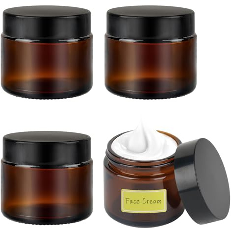 4Pcs Amber Glass Jars, 60ml Empty Cosmetic Jars with Lids und Inner Liners, Travel Pots with Spatula and Labels for Toiletries, Cosmetics, Powder, Lotion, Creams Containers