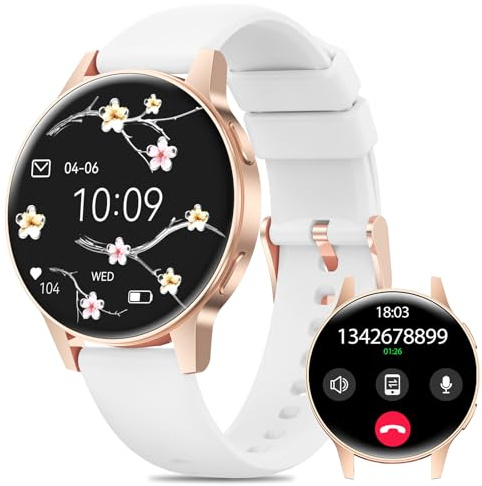 Miecgth 2025 Smartwatch Damen mit SIRI/ET/HR, 1.27 TFT Voll Touch Screen Smart Wach mit Telefonfunktion Pulsuhr Menstruationszyklus IP68 Schlafüberwachung Kalorien Fitness Tracker iOS Android (Weiß)