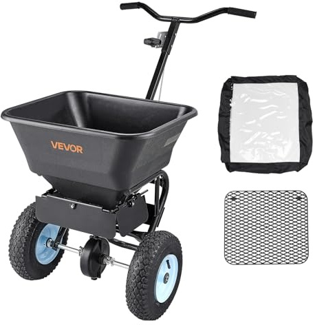 VEVOR Spandiconcime a Spaglio, capacità 45,2 kg, Spandiconcime a Spinta con Operatore a Terra, Larghezza di Spandimento 0-2,9 m, Pneumatici Fuoristrada, Spargitore per Prato con Griglia a Tramoggia