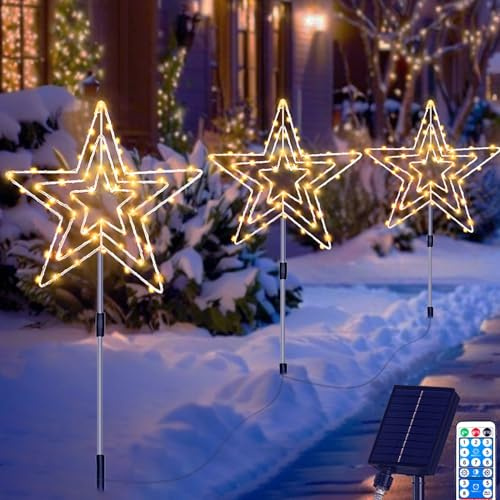 Joysing Solar Christmas Lights Outdoor 3 in 1 Star Christmas Stake Lights with Remote, IP65 Waterproof Star Path Light 8 Modes Solar Garden Stake Light for Path Lawn Yard Xmas Decoration