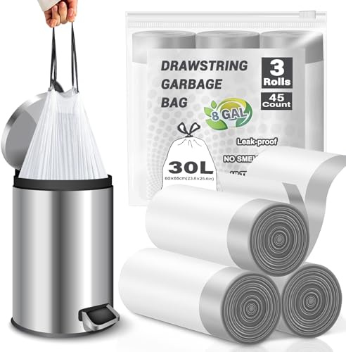 BODFPPC Bin Bags 30L, Tear-Free Drawstring Bin Liners, 20um Thickened Heavy Duty Tall Kitchen Bathroom Garbage Bags 30 Litres White 45 Counts