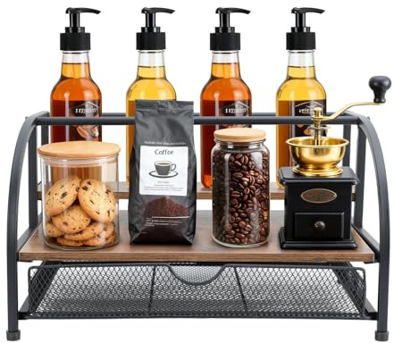Coffee Syrup Rack Organizer, 3-Tier 8 Bottles Syrup Rack with 35 K Cup Storage Drawer, Wood Coffee Bar Organizer, Countertop Bottle Holder Stand, Liquor Bottle Display Shelf Wine Rack, Syrup Holder