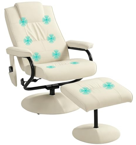 HOMCOM Swivel Recliner Chair and Footstool, Faux Leather Massage Recliner Armchair with Remote Control and Round Wrapped Base, Cream White