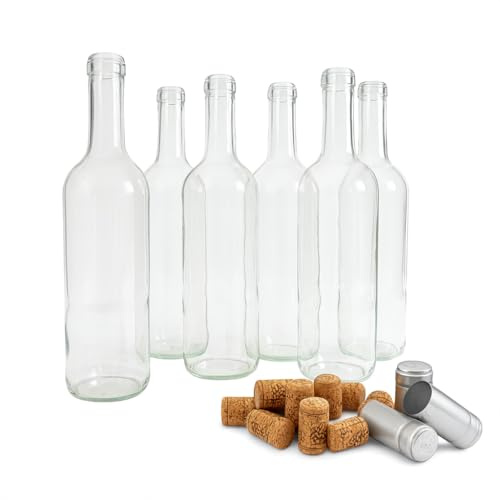 Taninea Botellas Cristal Vacías para Vino 750 ml Blanca/Transparente con Corcho Cilíndrico y Cápsulas Plata – Pack 24 – Tipo Bordelesa – Reutilizables para Vino Casero, Licores, Aceites y Vinagres