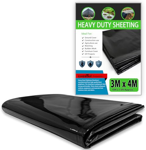 CHESTAF 3M X 4M Black Plastic Sheeting Heavy Duty, 1100G Thick Polythene Sheeting Garden Grow, Dust Sheet Waterproof Outdoor Cover, Large Construction Gardening Insulation, Building Rubble Protection