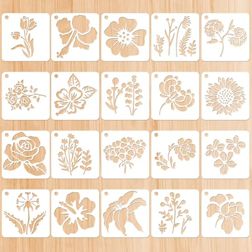 LIQWEI 20 Stück Blumenschablonen Zum Basteln, Malen Malerei Schablone Blumen Wiederverwendbar Zeichenschablonen Schablonen Blumen Für Bastelarbeiten Möbel Wand Scrapbooking DIY Malerei Holz Möbel