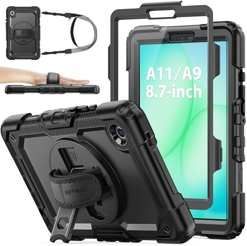 SEYMAC stock Hülle für Samsung Galaxy Tab A11/A9 8,7 2025/2023, Schwarz | Rundumschutz,Zwei Frontrahmen,Displayschutzfolie, 360° Drehbarer Ständer/Handschlaufe,Verstellbarer Schultergurt,Stifthalter