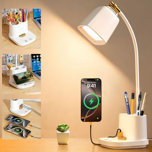 Hifireelf LED Desk Lamp USB Office Lamp with Pen Holder, Organizer, Reading Book Light, Stepless Dimming 3 Color Modes, Gooseneck Eye Caring LED Light Table Lamps with 2 USB 2 Pen Holders