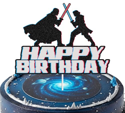 Happy Birthday Cake Topper - Black Glitter Sci-Fi Birthday Decor for Boys, Cosmic Party Supplies for Kids Baby Shower & Themed Celebrations
