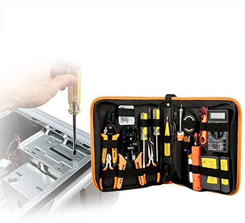 Portable Network Tool Kit with Crimp Tool, Soldering Iron, and Digital Multimeter for Cable Termination and Repairs