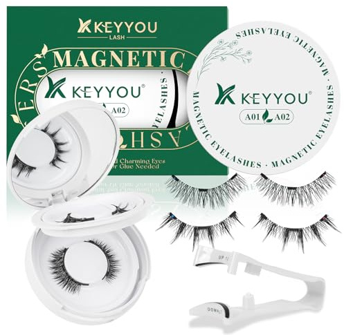 KEYYOU Daily Wear Reusable Magnetic Eyelashes No Glue Needed 2 Pair with Applicator, Easy to Apply & Long Lasting for Daily Use & Events D Natural Magnetic Lashes(A01+A02)