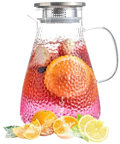 MRZIKPO 2 Liter Glaskrug Wasserkaraffe mit Edelstahl Deckel,Griffen, Filter,Heiße und kalte Glas Karaffe, Leicht zu reinigender wasserkrug,für hausgemachte Getränke/Kaffee/Milch/Eistee/Wein/Saft