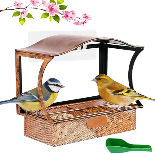 Vogelhaus Fensterscheibe aus Rostfestem Metall, Wetterfestes Vogelfutterhaus mit 6 starken Haken & Fütterschaufel, Futterstation für Wildvögel, Vogelbeobachtung für Garten & Balkon