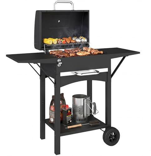Outsunny Barbecue au charbon de bois avec couvercle, barbecue fumoir avec 2 tables latérales, grande surface de cuisson, grille de cuisson, thermomètre, roues, barbecue sur pied, barbecue à charbon