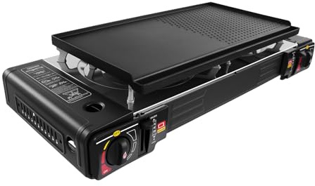 2-i-1 campingkök, gasspis med bakplåt, 2 500 W camping, gasgrill, bärbart campingkök, 2 lampor, gaskök för grillning, matlagning pasta och uppvärmning av vatten