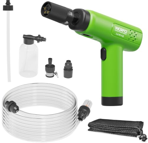 WORFCI Mini Idropulitrice Portatile Senza Fili, USB-C, Indicatore Batteria | MAX 18 Bar, Multi Jet 5-in-1, Ugello per Schiuma, Tubo (5 m), Adattatore per Bottiglia, portata: 160 l/h, peso: 0,77 kg