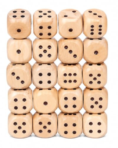 TMEOPR 20 Pezzi Dadi in Legno Naturale 16mm, Dado Cubico a 6 Facce con Punti Neri, Dadi da Gioco per Tavolo, Giochi di Società, Bar, Feste