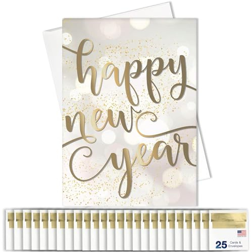 New Years Cards for Business & Family (Golden Confetti Design) Greeting Card Set Pack of 25 Happy New Year Cards with Envelopes for 2026 (5x7 inch) Great for Office, Work, Employees & Clients N1902